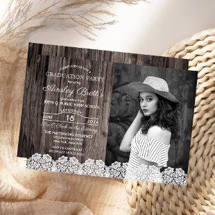 Rustic Country Lace | Wood Photo Graduation Party Invitation