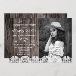 Rustic Country Lace | Wood Photo Graduation Party Invitation