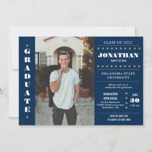 Rustic Country Navy Blue Gold Photo Graduation Invitation
