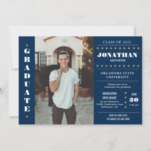 Rustic Country Navy Blue Gold Photo Graduation Invitation