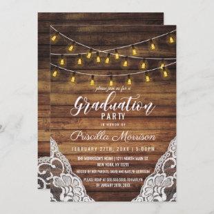 Rustic Country String Lights Wood Lace Graduation Invitation