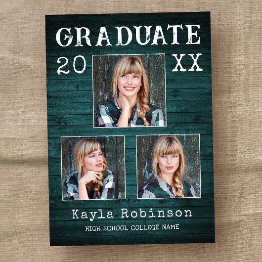 Rustic Country Teal Wood Plank 3 Photo Graduation Announcement