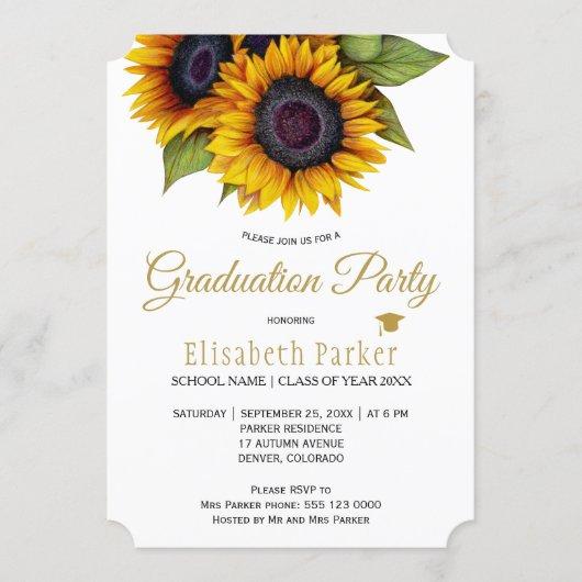 Rustic elegant gold sunflowers summer graduation invitation