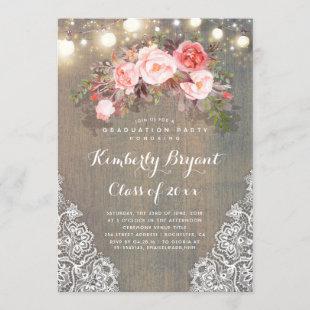 Rustic Floral Lace Lights Wood Graduation Party Invitation