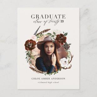 Rustic foliage and antler photo graduation announcement postcard