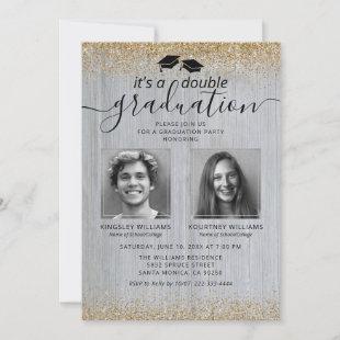 Rustic Gold Double Graduation Photo Invitation