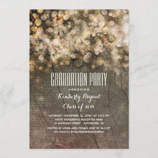 Rustic Gold Glitter Lights Wood Graduation Party Invitation