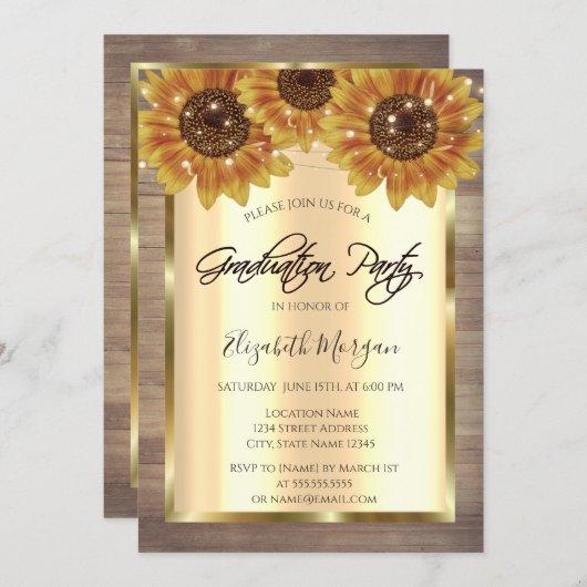Rustic Gold Sunflowers,Lights,Wood Graduation Invitation