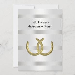 Rustic Golden Horseshoes Silver Wht V Graduation Invitation