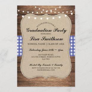Rustic Graduation Party Blue Check Wood Invite