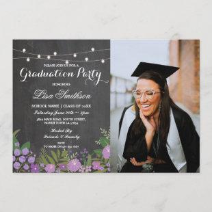 Rustic Graduation Party Chalk Lilac Flowers Photo Invitation