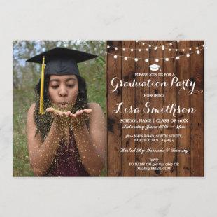 Rustic Graduation Party Elegant Lights Wood Photo Invitation