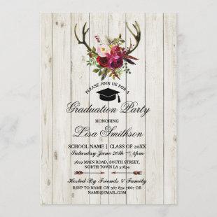 Rustic Graduation Party Floral Antlers Stag Invite