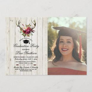Rustic Graduation Party Floral Antlers Stag Photo Invitation