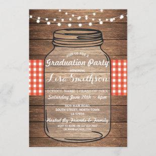Rustic Graduation Party Jar Wood Red Gingham Invitation