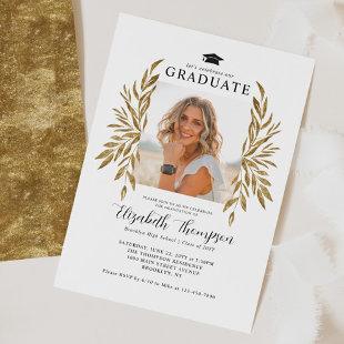 Rustic Graduation Party Modern Gold Leaves Photo  Invitation