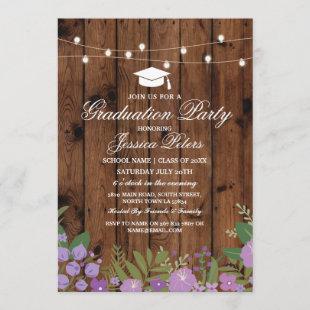 Rustic Graduation Party Purple Floral Wood Invite