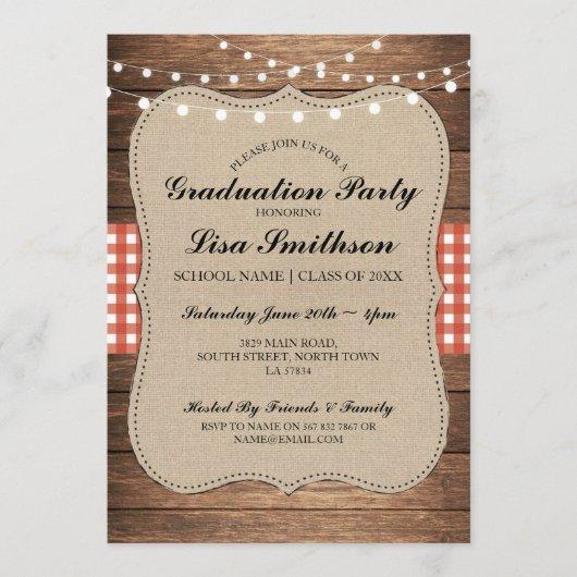 Rustic Graduation Party Red Check Wood Invite