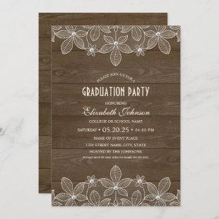 Rustic Graduation Party Wood Lace Pearl Grad Invitation