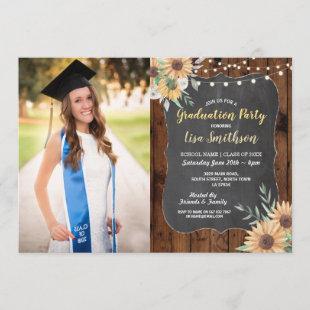 Rustic Graduation Party Wood Sunflower Chalk Invitation