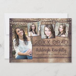 Rustic Graduation Photo Collage Wood String Lights Announcement