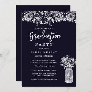 Rustic Lace Mason Jar Navy Graduation Party Invitation