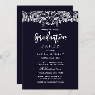 Rustic Lace Navy Graduation Party Invitation