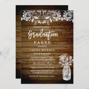 Rustic Lace Wood Mason Jar Graduation Party Invitation