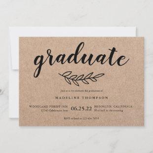 Rustic Minimalist Leaf Graduate Script Graduation Invitation
