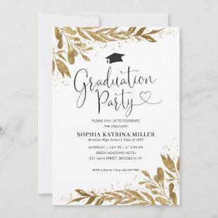 Rustic Modern Gold Floral Sparkle Graduation Party Invitation