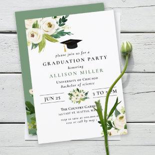 Rustic Modern Greenery Ivory Floral Graduation  Invitation