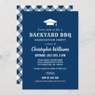 Rustic Navy Blue Backyard BBQ Graduation Party Invitation