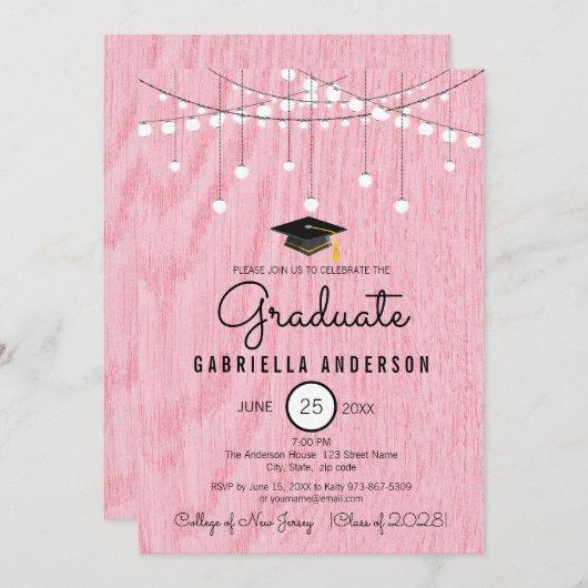Rustic  Pink Faux Wood Yet Simple Graduation Invitation