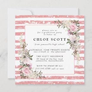 Rustic Pink Floral and Stripe Graduation Invitation
