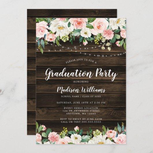 Rustic Pink Floral String Lights Graduation Party Invitation