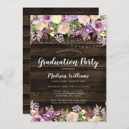 Rustic Purple Floral String Light Graduation Party Invitation