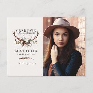 Rustic stag and floral graduate party photo announcement postcard