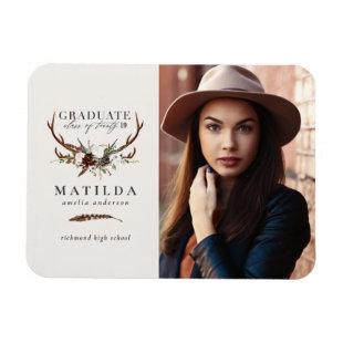 Rustic stag and floral graduate party photo invite magnet