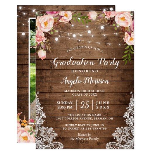 Rustic String Lights Floral Photo Graduation Party Invitation