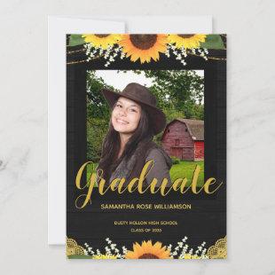 Rustic Sunflower Black and Gold 2 Photo Graduation Announcement