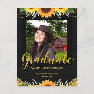 Rustic Sunflower Black and Gold Photo Graduation Announcement Postcard