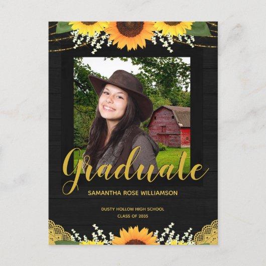 Rustic Sunflower Black and Gold Photo Graduation Announcement Postcard
