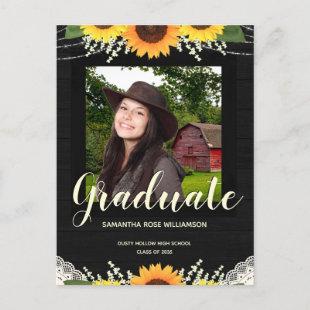 Rustic Sunflower Black and White Photo Graduation Announcement Postcard