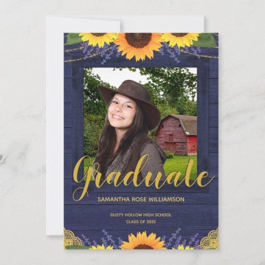 Rustic Sunflower Blue and Gold 2 Photo Graduation Announcement