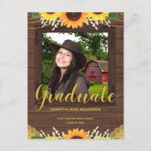 Rustic Sunflower Brown and Gold Photo Graduation Announcement Postcard