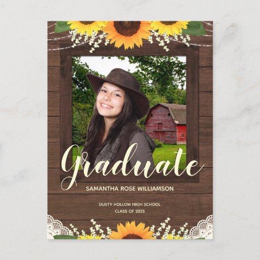 Rustic Sunflower Brown and White Photo Graduation Announcement Postcard