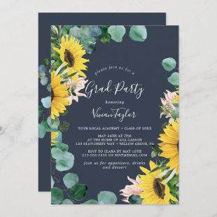 Rustic Sunflower Eucalyptus | Navy Grad Party Invitation