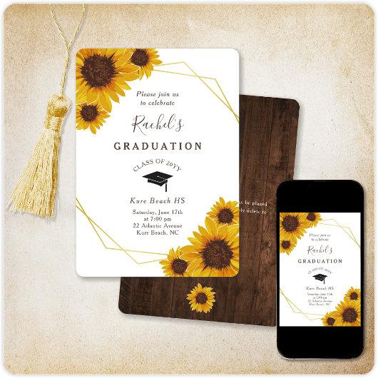Rustic Sunflower Gold Geometric Graduation Party Invitation