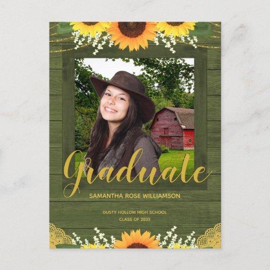 Rustic Sunflower Green and Gold Photo Graduation Announcement Postcard