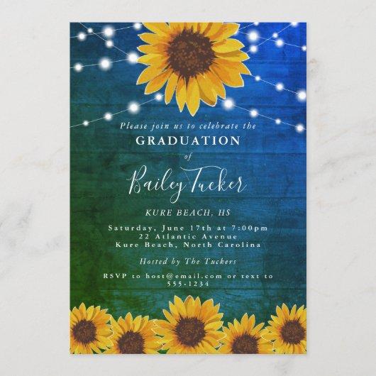 Rustic Sunflower Lights Blue Green Graduation Invitation